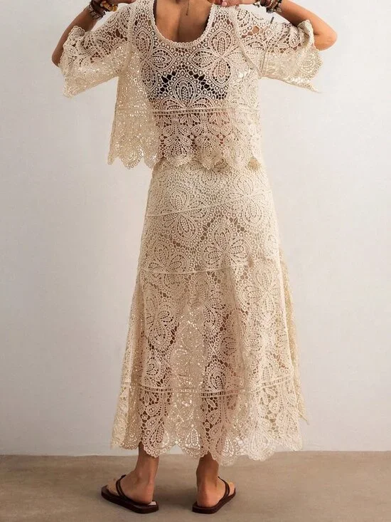 Apricot Elegant Women's Bohemian Crochet Knit Set - Picture 2 of 8